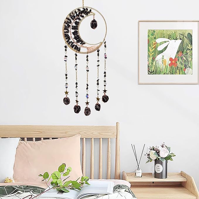 Black Dream Catcher Wall Decor Crystal Tree of Life Dream Catchers with Stone Pendant Handmade Dreamcatcher Wall Hanging Ornament for Bedroom Living Room Home Decor