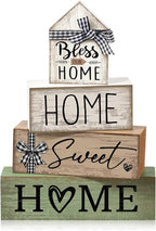 Moucuny 4 Pcs Wooden Farmhouse Table Decor Rustic Home Sweet Home Stacked Blocks Decoration Farmhouse Tiered Tray Decor Decorative Eucalyptus Block Signs Bless Gift for Kitchen Shelf Coffee Table