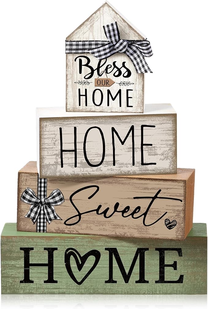 Moucuny 4 Pcs Wooden Farmhouse Table Decor Rustic Home Sweet Home Stacked Blocks Decoration Farmhouse Tiered Tray Decor Decorative Eucalyptus Block Signs Bless Gift for Kitchen Shelf Coffee Table