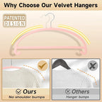 MIZGI 50 Pack Blush Pink Velvet Hangers - No Shoulder Bumps, Heavy Duty Non-Slip Chrome Hooks for Jackets, Coats, Pants