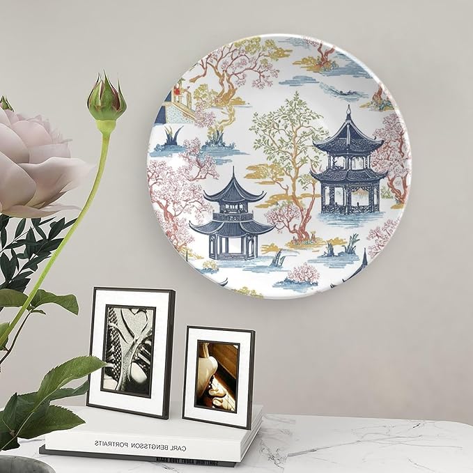 Chinoiserie Pagoda White Coral Blue Asian Fashion Plates of 6", 7", 9", 10", Customize Hand-Painted Ceramic Decorative Plates, Table Housewarming Gifts Decorations Display, Unique Art with Stand