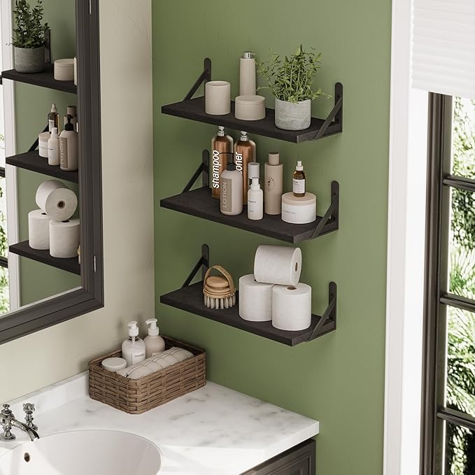 YGEOMER Wall Shelves for Bedroom, 16.5 Inch Floating Shelves for Wall, Shelves for Bathroom Storage, Living Room and Kitchen Decor (Set of 6 Black)
