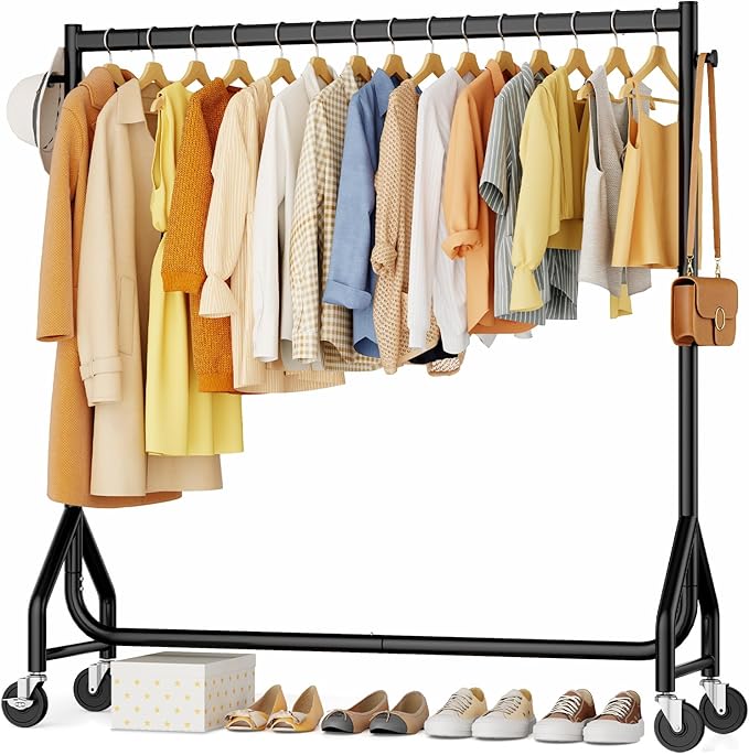 Clothes Clothing Rack, Rolling Heavy Duty Clothes Rack Load 420 LBS With Wheels, Metal Clothes Rack for Hanging Clothes, Portable Standing Clothes Garment Rack, Black,48 inches