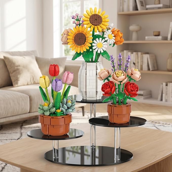 NiHome Black Acrylic Display Stand for LEGO Botanical Collection Sets, Multi-Tier Showcase Figurine Display Shelf Riser for Collectibles and Room Decor, Perfume Riser Holder, Tabletop Plant Stand