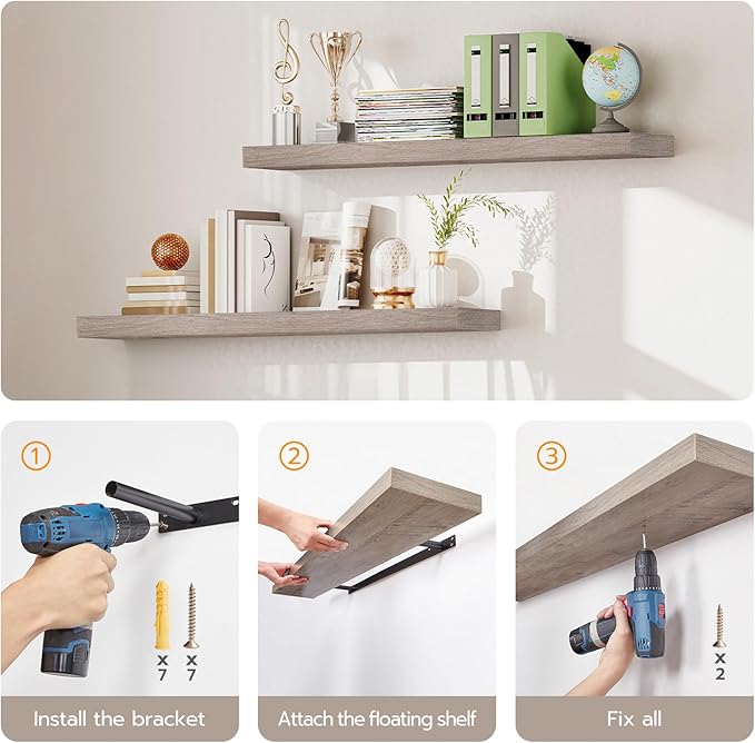 HOOBRO Floating Shelves for Wall, Wall Mounted Shelf Set of 2, 15.7" Hanging Shelf with Invisible Brackets, for Wall Decor Storage in Bathroom Bedroom Kitchen Living Room Office, Greige BG40BJ01