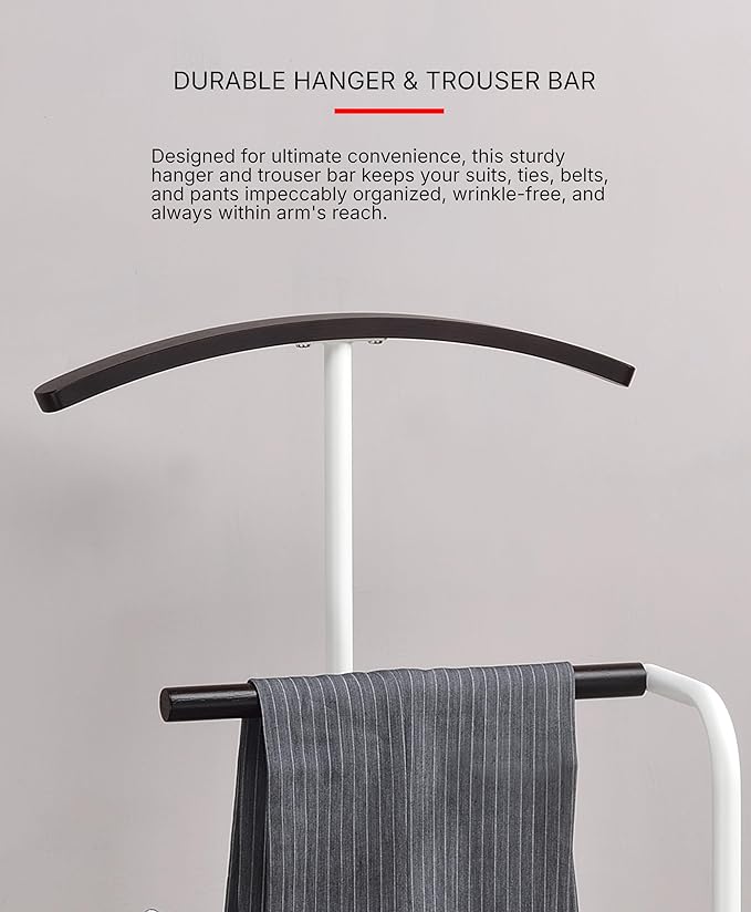 Proman Products Scandia Valet Stand, Clothes Rack, Clothing Organizer with Tray, Hanger and Trousers Bar, Wood, Metal, White