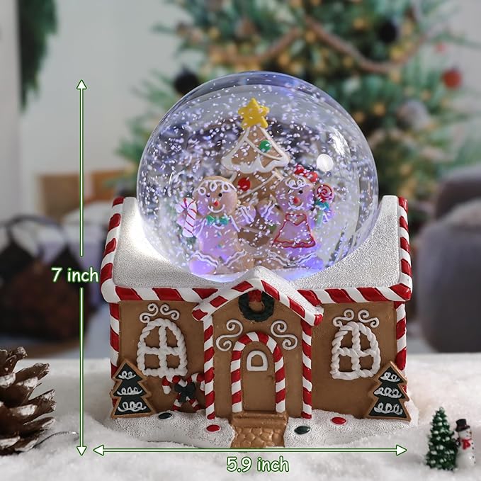 Vipush Christmas Snow Globe - Gingerbread Man Musical Snow Globe with Color Changing Led Lights, Christmas Decorations with Music Box Gifts for Girls Kids, Dog Decorations for Christmas & Birthday