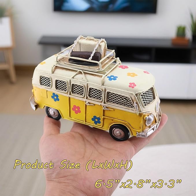 Vintage Camper Van Coin Bank with Photo Holder, Retro Hippie Van Decor with Tropical Flower Decals, Coastal Shelf Decoration, Yellow