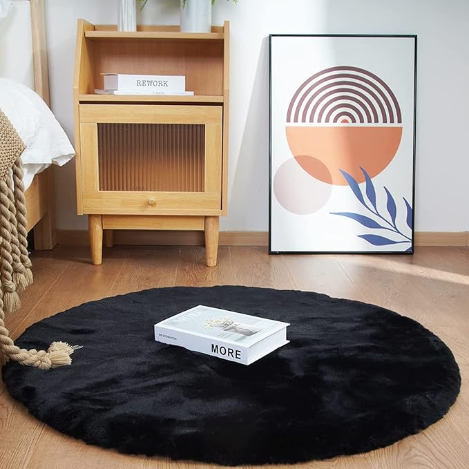 Ghouse Faux Rabbit Fur Round Rug 3ft Black Round Rugs for Bedroom Decor Fluffy Area Rugs for Living Room, no-Shedding Carpet Sheepskin Washable Rug Rome Decor