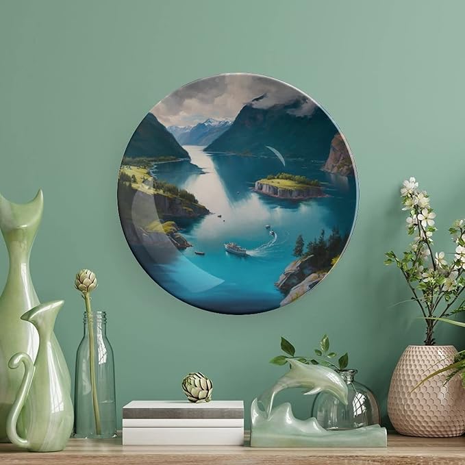 Decorative Plates for Home Decor, Fjords Mountain Lake & Ship Landscape Decor Tray for Table Display, Ceramic Dinner Plate w/Stand, Living Room Dining Room Decor, Housewarming Gifts, 6 Inch