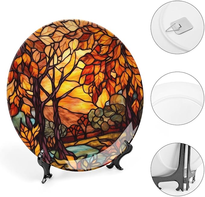 Thanksgiving Decorative Plates for Home Decor, Stained Glass Design Fall Tree Landscape Decor Tray for Table Display, Ceramic Dinner Plate W/ Stand, Decor for Kitchen, Housewarming Gifts, 10 Inch