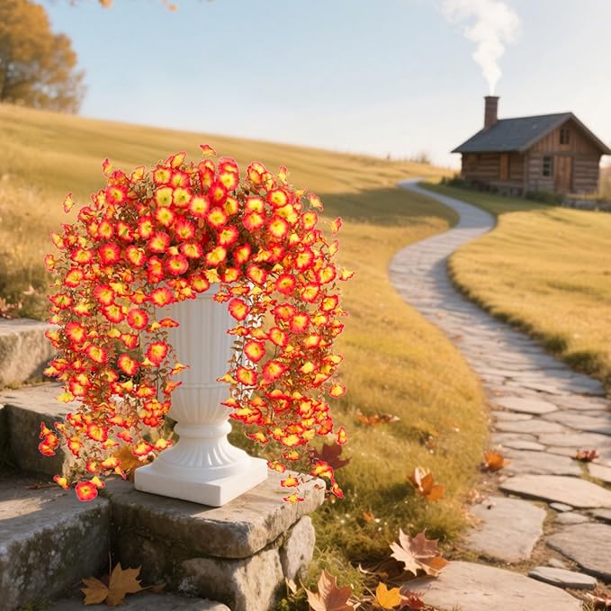 Fake Fall Hanging Flowers Artificial for Outdoor Decoration, 2 PCS Autumn Silk Faux Flowers Morning Glory with Eucalyptus Leaves, Realistic Hanging Plants for Wedding Home Office Garden Decor, Mix