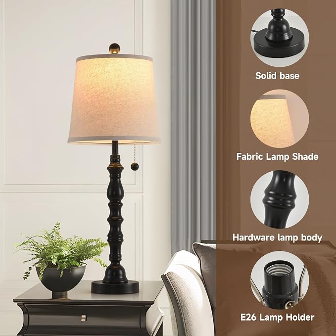 Terpsichore Lamps Set of 2 Modern Farmhouse Table Lamp Bedside Reading Lamps Living Room End Tables Set Lamps for Night Stands Bedroom Night Lamp,High 26.25 Inch, (Black, High 26.25 inches)