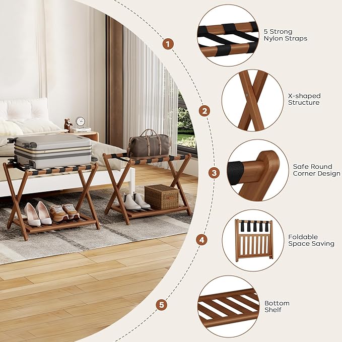 Full Assembled 26.77"L Luggage Rack Set of 1 - Luggage Stand for Guest Room, Foldable Suitcase Stand with Shoe Shelf, Luggage Holder for Suitcases, Bedroom, Hotel (Walnut Bamboo Suitcase Holders)