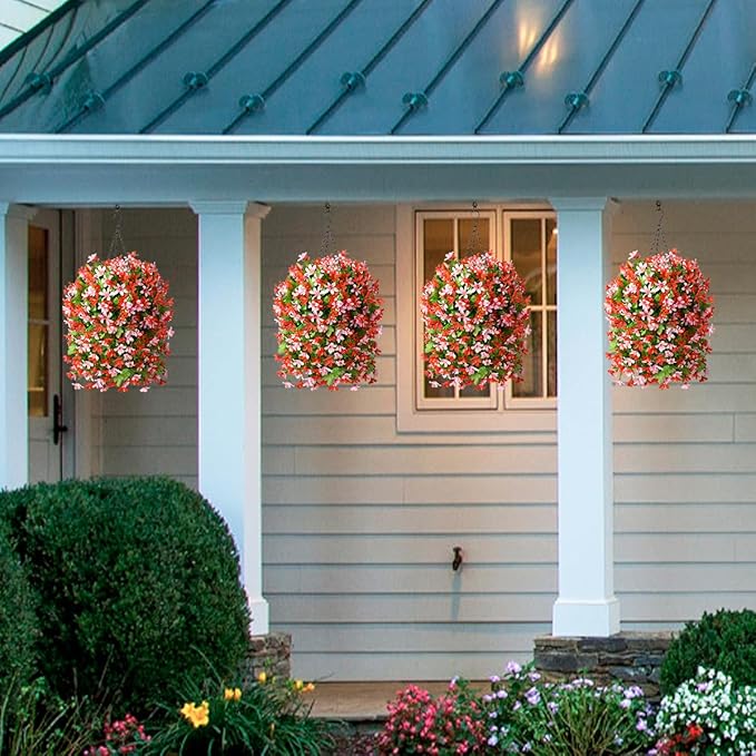 INQCMY Artificial Hanging Flowers Decoration, 4pcs Fake Floral Basket Plants for Outdoor Porch, Faux Shrubs Home Spring Decor UV Resistant Potted Violets for Outside Garden No Fade