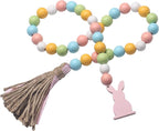 Easter Spring Wood Beaded Garland with Tassels and Bunny Tag Farmhouse Wooden Beads for Tiered Tray Decorations Holiday Country Rustic Prayer Boho Beads Rae Dunn Shelf Décor (Easter Bunny Pink)