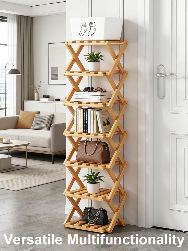 The 9-Tier No-Assembly Bamboo Rack, New Upgrade 9 Tier Bamboo Shoe Rack, Space-Saving Tall Narrow Accordion Shoe Rack for Entryway Closet Dorm (Brown-5)