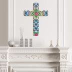 Maitys Floral Cross Wall Decor Hand Painted Decorative Inspirational Wooden Cross Mexican Art Wall Decor Mexican Crucifix for Home Room Church Decoration (Cute Style)