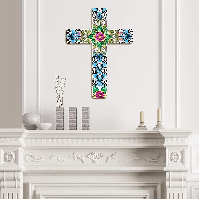 Maitys Floral Cross Wall Decor Hand Painted Decorative Inspirational Wooden Cross Mexican Art Wall Decor Mexican Crucifix for Home Room Church Decoration (Cute Style)