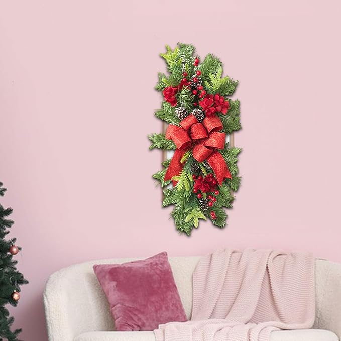 SM SunniMix Christmas Swag Teardrop Swag Artificial Wreath Door Swag Decorative Bow Ornament Lightweight PP Material Suitable for Gift Giving Home Decoration, Red