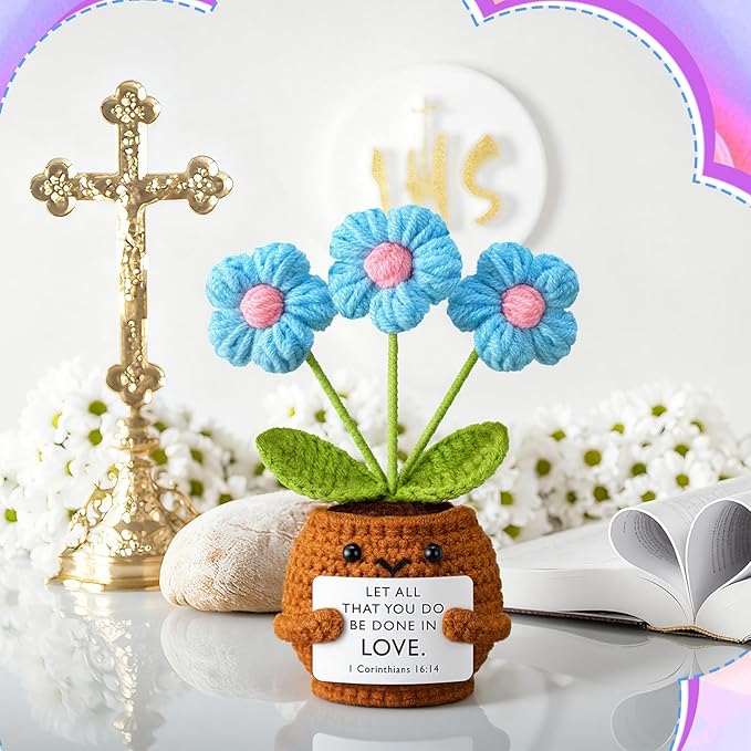 Wavwavw 6 Pcs Christian Gift for Women Inspirational Religious Gifts Positive Faith Scripture Crochet Handmade Bible Verse Crochet Doll with Prayer Card for Vbs Church(Puff)