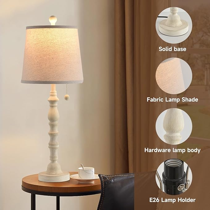 Lamps Set of 2 Modern Farmhouse Table Lamp Bedside Reading Lamps Living Room End Tables Set Lamps for Night Stands Bedroom Night Lamp,High 26.25 Inch, (White (Single Pack), High 27 inches)