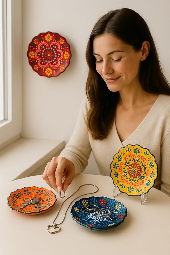 4-Piece 5-Inch Handmade Turkish Ceramic Plate Set – Wall & Table Decor & Jewelry/Ring Dish – Decorative Rings & Jewelry Tray Set