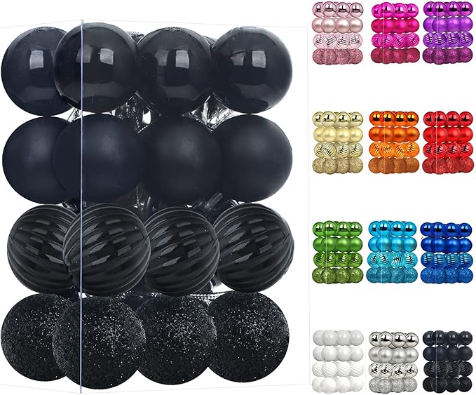 Emopeak 24Pcs Christmas Balls Ornaments for Xmas Christmas Tree - 4 Style Shatterproof Christmas Tree Decorations Hanging Ball for Holiday Wedding Party Decoration (Black, 1.3"/3.2CM)