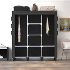 Portable Wardrobe with 10 Storage Racks and 2 Hanging Poles 6 Side Pockets Fleece Cover, Size 130 x 45 x 172 cm, Bedroom Closet Organizer Black