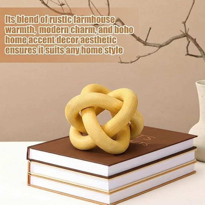 Yalikop 3 Link Wood Knot Decor Rustic Home Décor Accents Hand Carved Coffee Table Decoration, Boho Chain Link Decoration, Modern Shelf, Rustic Objects for Home Living Room Bedroom(Yellow)