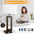 27.2’’ Tall Brown Table Lamps for Living Room Bedroom, Bedside Touch Control Lamps with 2 USB Ports&AC Outlet, 3 Color Temp.&Stepless Dimming Desk Lamp Sets for Home Office, Pre-assembled White Shade