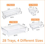 DCA 28 PCS Clear Plastic Drawer Organizers Set, 4-Size Versatile Bathroom and Vanity Drawer Organizer Trays, Storage Bins for Makeup, Bedroom, Kitchen Gadgets Utensils and Office