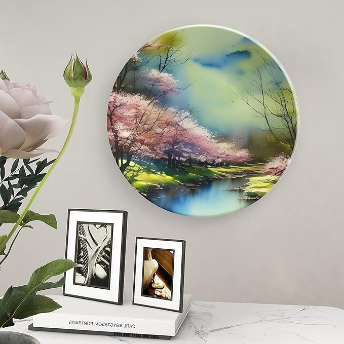 Decorative Plates for Wall Hanging, Spring Forest Painting Pink Blue Green Ceramic Plate, Wobble-Plate with Display Stand, Home Decor for Kitchen Cabinets, Farmhouse Round Tray 8 Inch