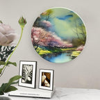 Decorative Plates for Wall Hanging, Spring Forest Painting Pink Blue Green Ceramic Plate, Wobble-Plate with Display Stand, Home Decor for Kitchen Cabinets, Farmhouse Round Tray 8 Inch