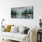 Green Forest Wall Art Vintage Fog Pine Trees Landscape Wall Decor Nature Green and Gold Forest Lake Scenery Canvas Prints Pictures Farmhouse Artwork for Kitchen Living Room Home Decorations 24x48"