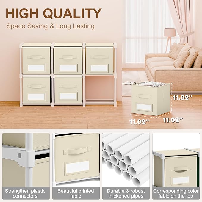 Geelin 6 Cube Storage Organizer with Fabric Bins and Labels 11 Inch, Fabric Collapsible Cubby Clothes Storage Drawer Dresser for Bedroom Living Room Office Organization