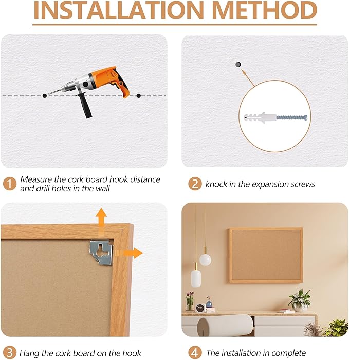 Cork Board Bulletin Board 24 x 36, Wood Framed Corkboards for Wall Decor, Hanging Office Message Board, Large Wall Mounted Notice Pin Board with 15 Push Pins for School, Home & Office