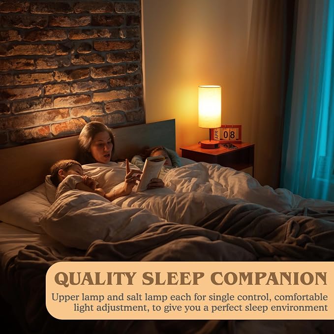UNIFUN Bedside Lamps 2 Pack - 4 Way Dimmable Touch Nightstand Lamp with USB & Type-C Charging Port, Small Wood Base with Round Linen Fabric Shade for Bedroom, Living Room