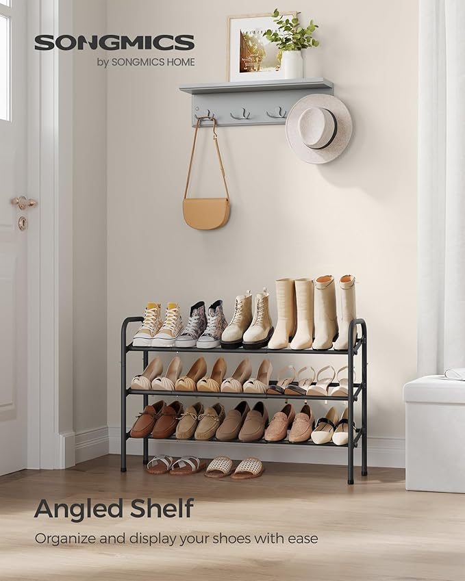 SONGMICS Expandable Shoe Rack, 3 Tier Shoe Rack Shelf, Adjustable Shoe Organizer Storage for 20 Pairs of Shoes, Metal Free Standing Shoe Racks for Closet, Front Door Entryway, Easy Assembly, Ink Black