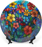 Stained Glass Theme Decorative Ceramic Plate Round Porcelain Plate,7 inch,Colorful Flowers Pattern,for Decorative Ornaments Giving Plates, 1 Plate with 1 Display Stand,Multicolor