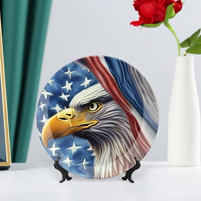 Decorative Plates, Eagle and American Flag Patriotic Display Plate for Home Office Kitchen Table Decor Porcelain Plates 8 Inch, Birthday Gifts