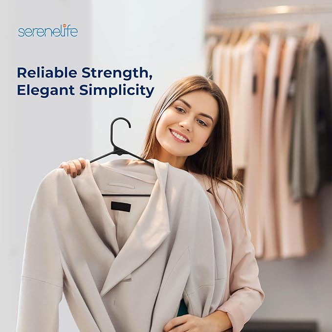 SereneLife 150-Piece Plastic Hangers Black – Heavy Duty Non-Slip Clothes Hanger Set, Durable Slim Space-Saving Closet Organizers for Coats Shirts and Dresses, 5.5 lbs Weight Capacity Each