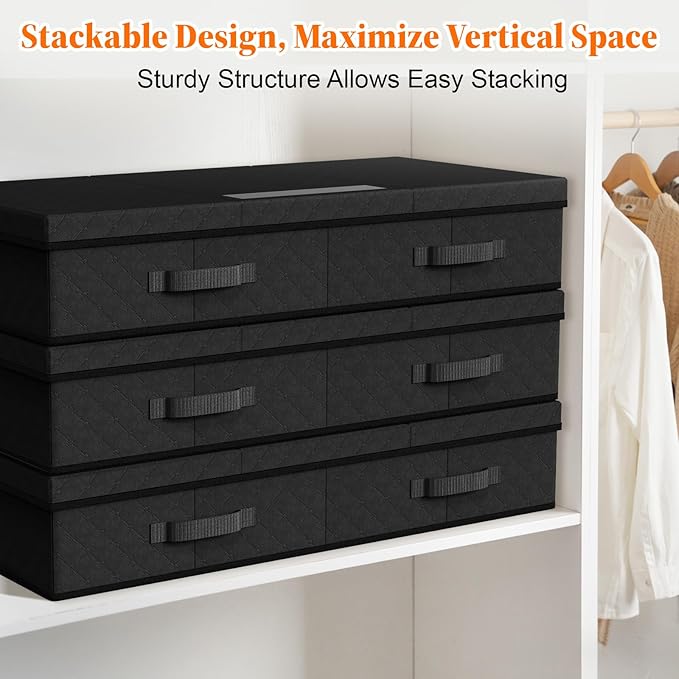 Under Bed Storage Containers with Lids - 2 Pack, Foldable and Stackable Clothes Storage Bags with Clear Window, 3-Sided Handles and Label Slot for Clothing, Blankets, Pillows (Black)
