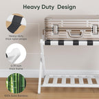 Fully Assembled White Bamboo Luggage Rack, 5 Straps Folding Suitcase Stand with Shoe Shelf, Heavy Duty Wood Large Luggage Holders for Guest Room, Bedroom, Hotel