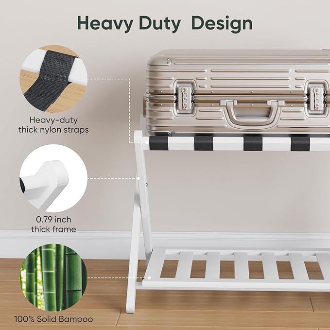Fully Assembled White Bamboo Luggage Rack, 5 Straps Folding Suitcase Stand with Shoe Shelf, Heavy Duty Wood Large Luggage Holders for Guest Room, Bedroom, Hotel