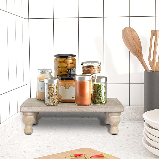 MAONAME Decorative Wooden Display Riser, Farmhouse Wood Pedestal Stand for Display, Rustic Washed White Tray Riser for Kitchen, Home Table Decor, Short and Tall Footed
