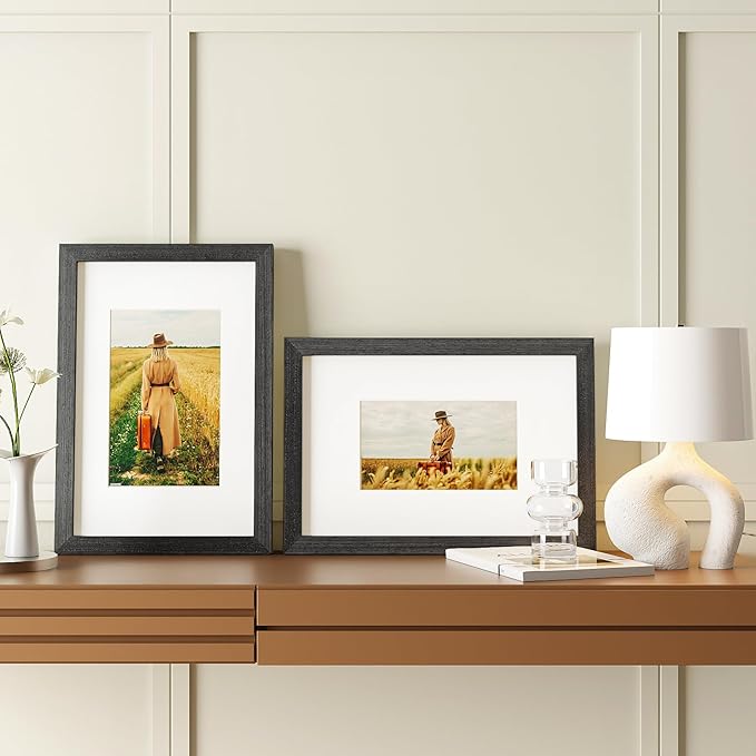 Egofine 8x12 Picture Frames Set of 4, Made of Solid Wood Covered by Plexiglass 5x7 and 6x8 with Mat or 8x12 without Mat, for Table Top Display and Wall Mounting Photo Frame Rustic Black