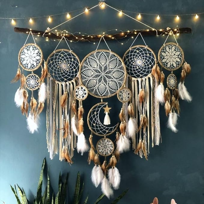 Set of 5 Boho Large Moon Dream Catcher Wall Hanging, Camel | Vintage Wedding Decor, Home Decorations, Wall Decor