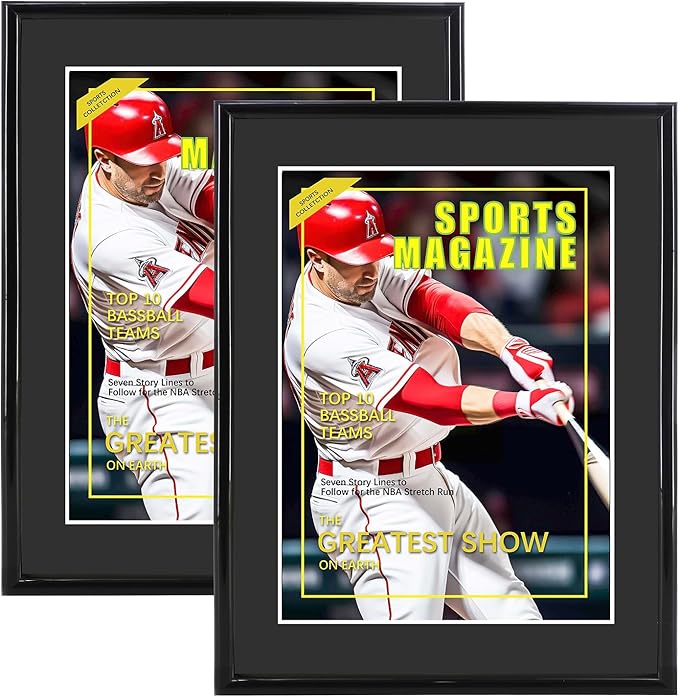 2 Packs Sports Magazine Frame Fits Measuring 8.5 x 11.25 Inch Magazine Display Frame with Black Core Matting and Installed Hangers for Wall Hanging