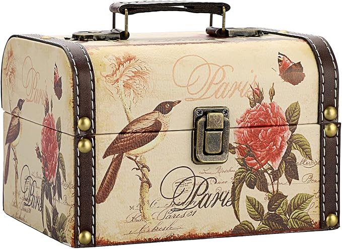 ELLDOO Decorative Treasure Chest Box, Wooden + PU Leather Storage Box for Jewelry Trinkets, Keepsakes box for Girls Women Gifts (Bird + Flower Pattern)